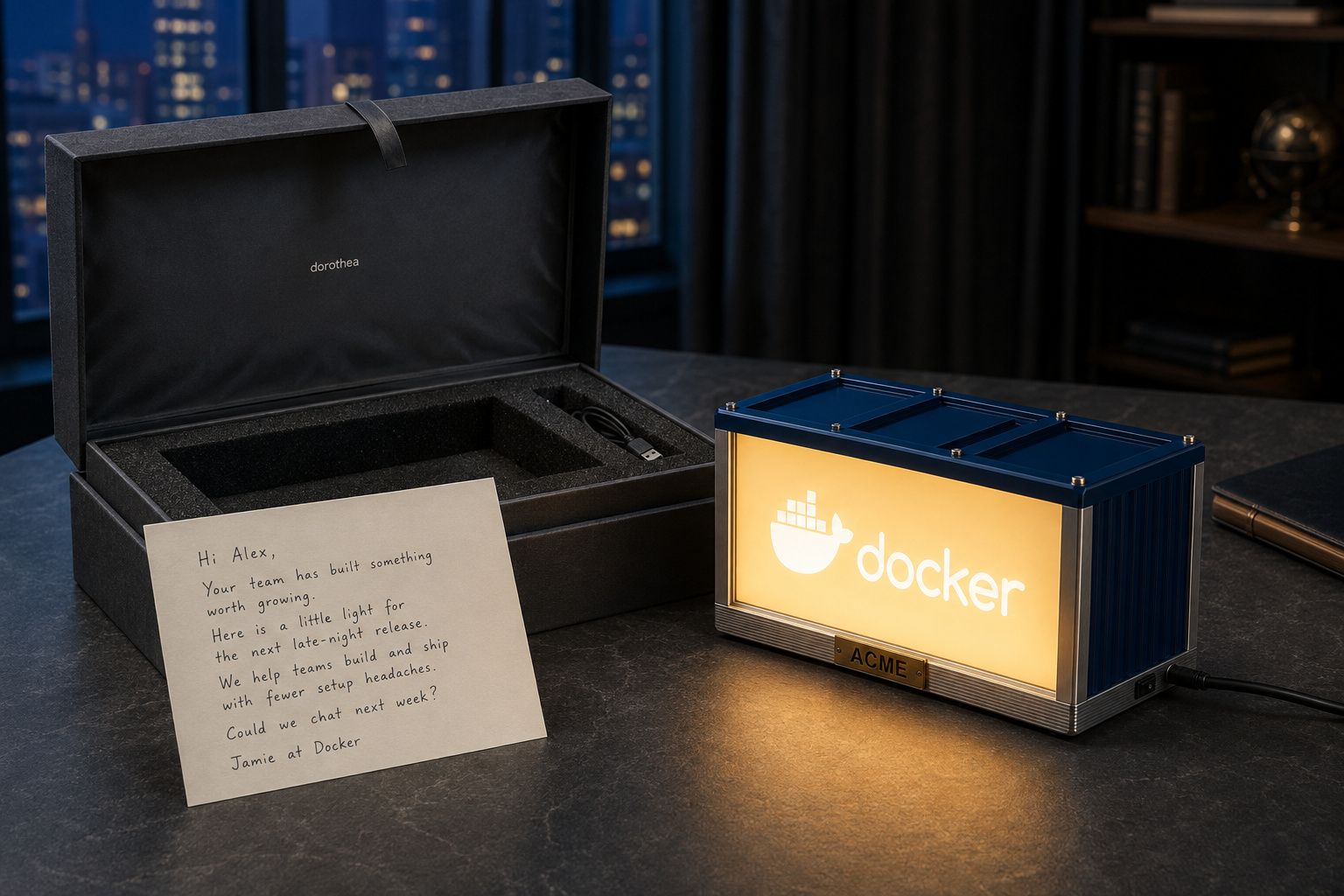 An illuminated Docker desk gift with ACME recipient branding, an open presentation box and an ivory handwritten note