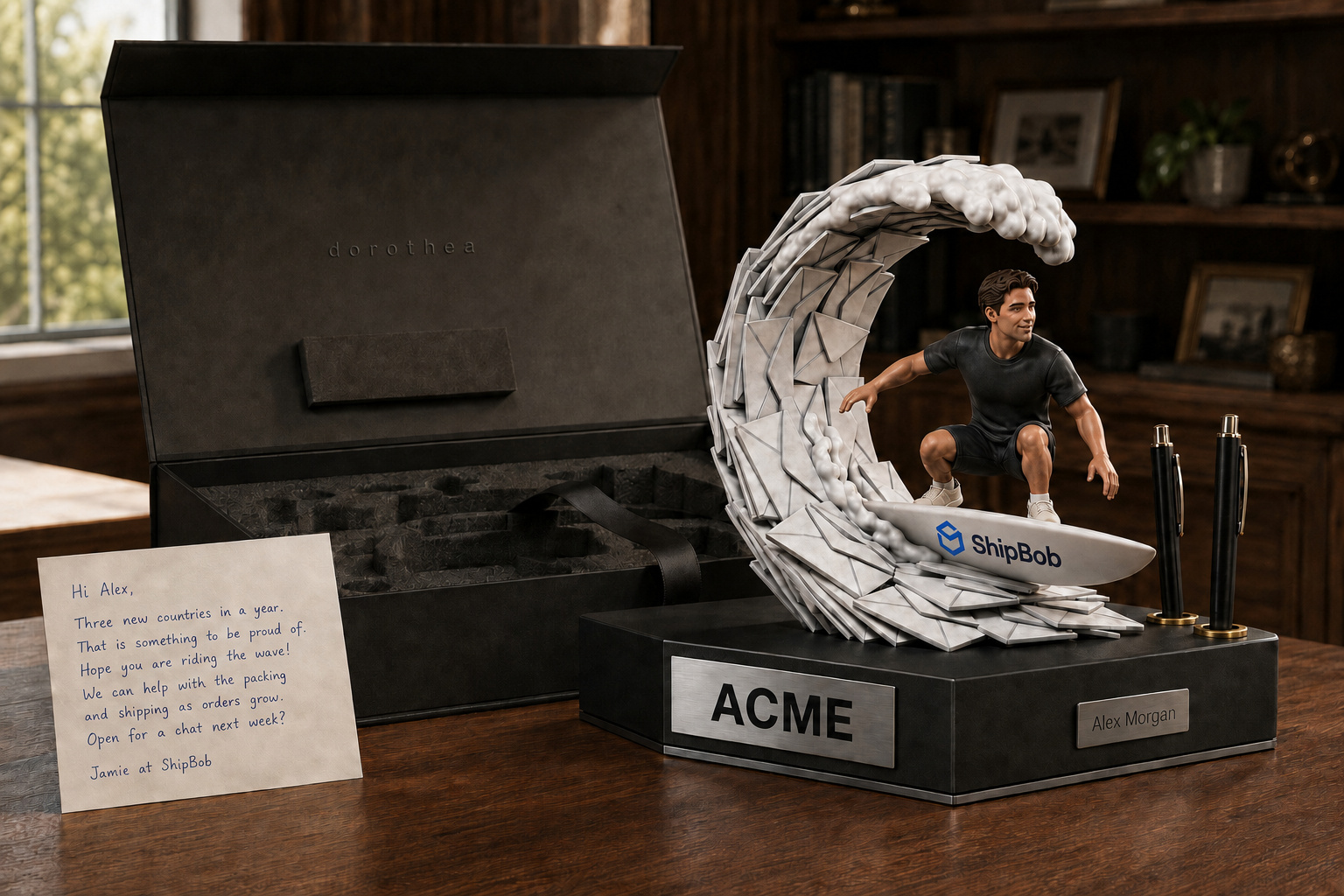 A personalised envelope-wave sculpture beside its open fitted presentation box and a handwritten letter